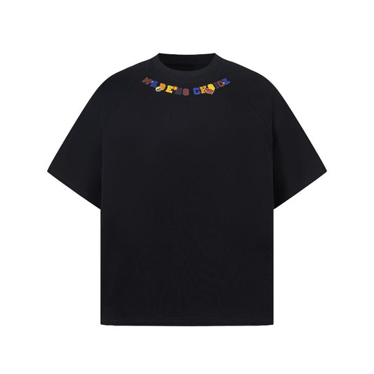 Men t shirt american retrog double yarn neutral style towel embroidered half sleeve design men's high street loose short sleeve t-shirt