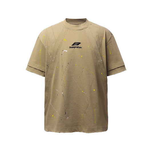 Men's t-shirt: american retro heavyweight double yarn hand-painted deconstructed design, high street oversized short sleeve tee