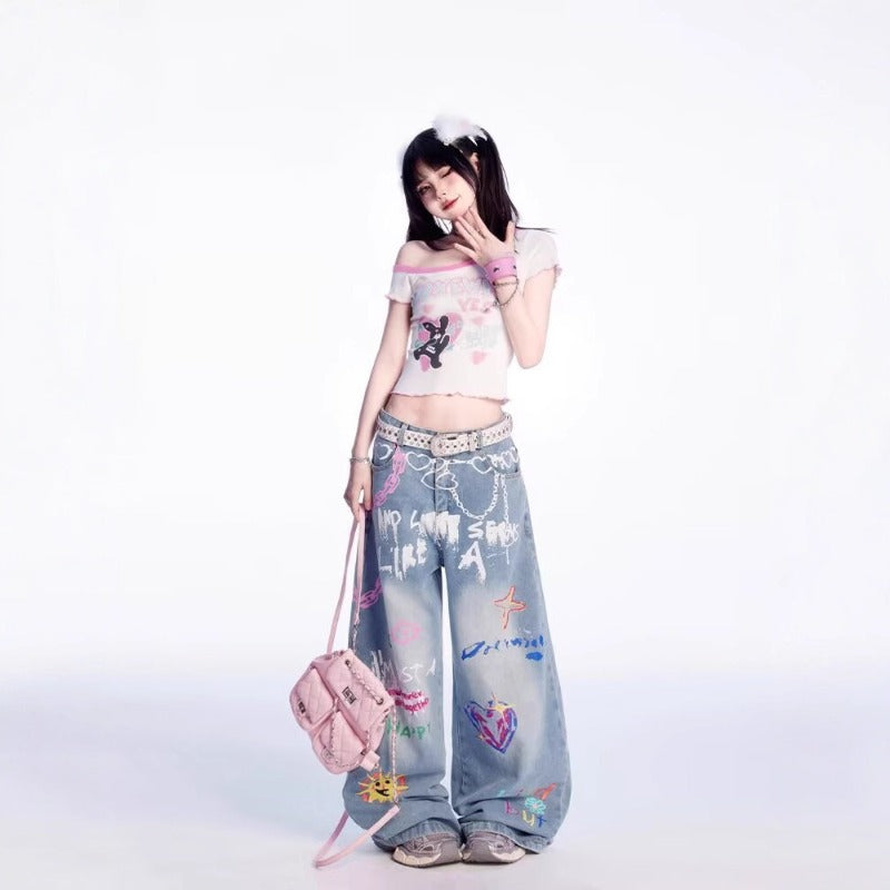 Women's jeans graffiti waist chain wide leg pants women