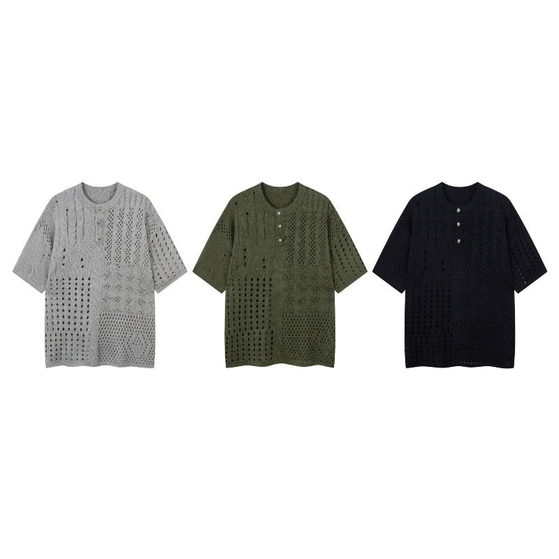 Men's t-shirt: american retro, high-end streetwear, relaxed fit, cutout design, knitted, loose fit, crew neck, short sleeve tee