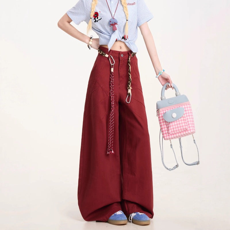 Women jeans [with braided rope] red loose