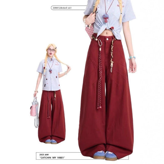 Women jeans [with braided rope] red loose