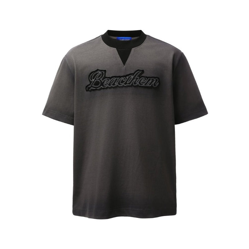 Men's t-shirt: american retro heavyweight double yarn, high-street quality, spray-painted appliqué embroidery design, men's relaxed fit short sleeve tee