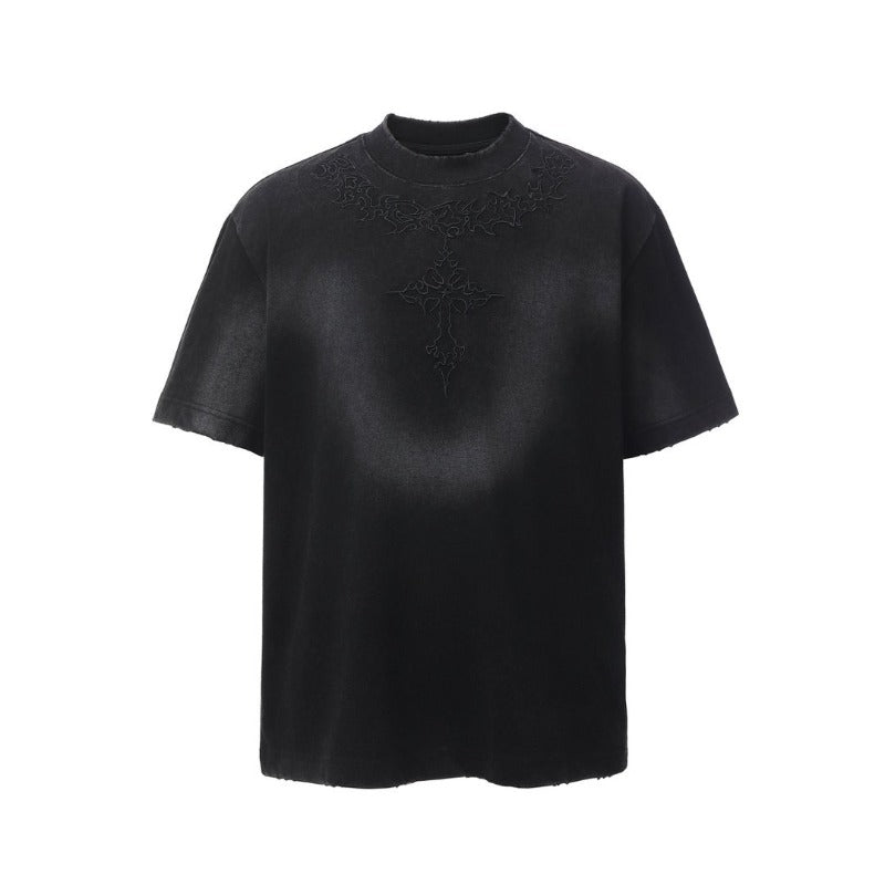 Men's t-shirt - american retro heavyweight double yarn distressed embroidered graphic design, men's high street oversized short sleeve tee