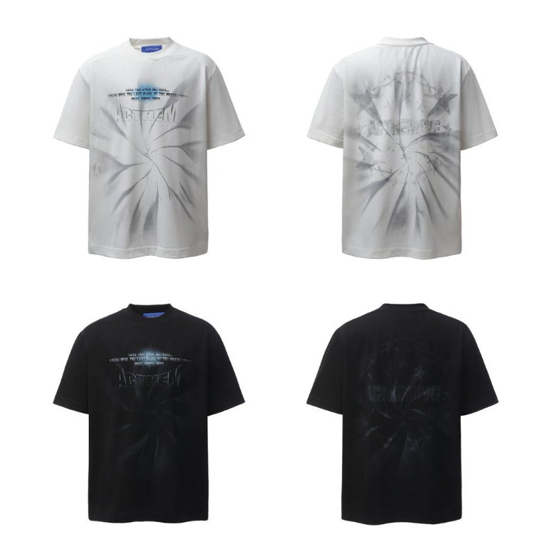 Men's t-shirt - american retro heavyweight double yarn high-quality high street washed distressed printed men's loose fit short sleeve t-shirt