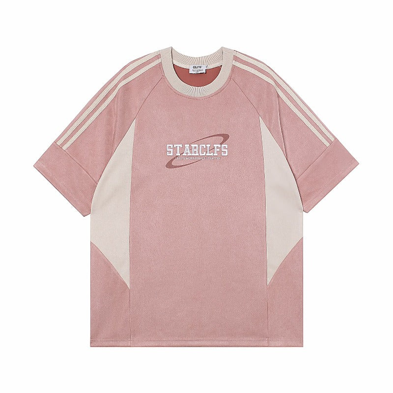 Men's jt american streetwear summer suede letter embroidery premium design loose fit short sleeve t-shirt
