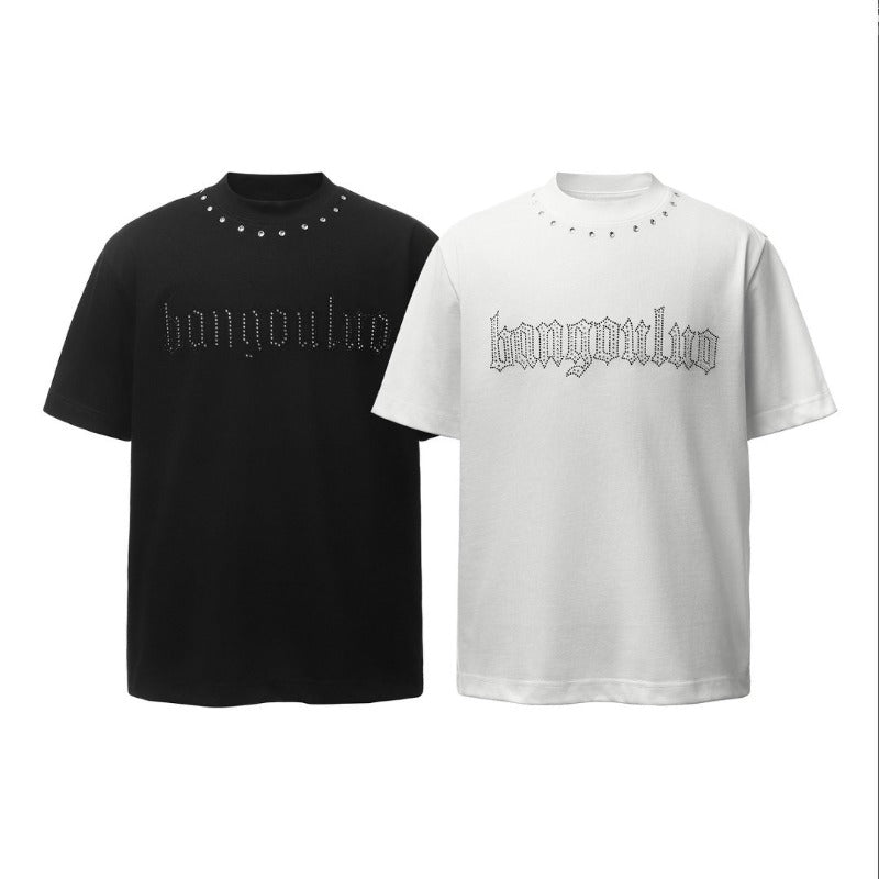 Men's t-shirt: american retro heavyweight double yarn letter hotfix round neck design, men's high street loose fit short sleeve tee