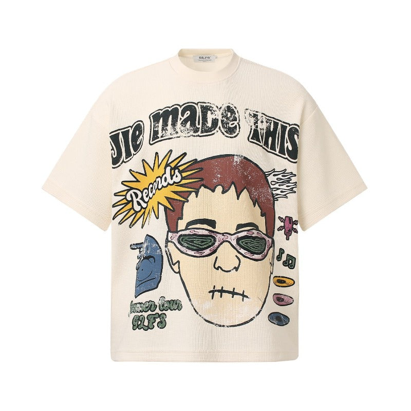 Men t shirt t american retrocouple street trendy waffle grids spoof graffiti design high street men's loose small round neck t-shirt