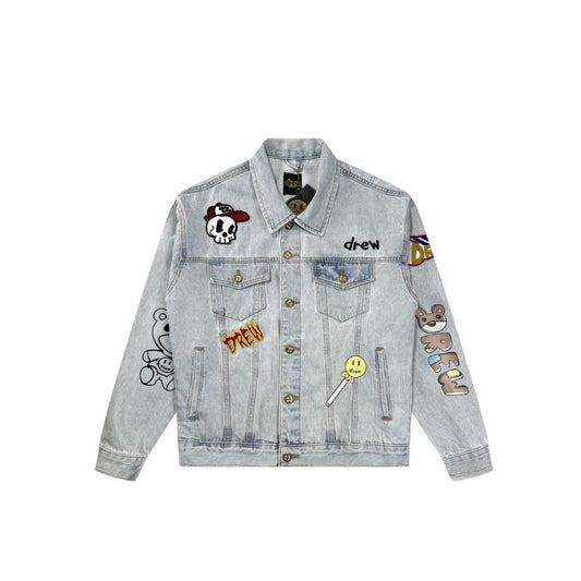 Drew house jacket - early autumn d@ew multi-element patchwork smiley face embroidered badge denim jacket