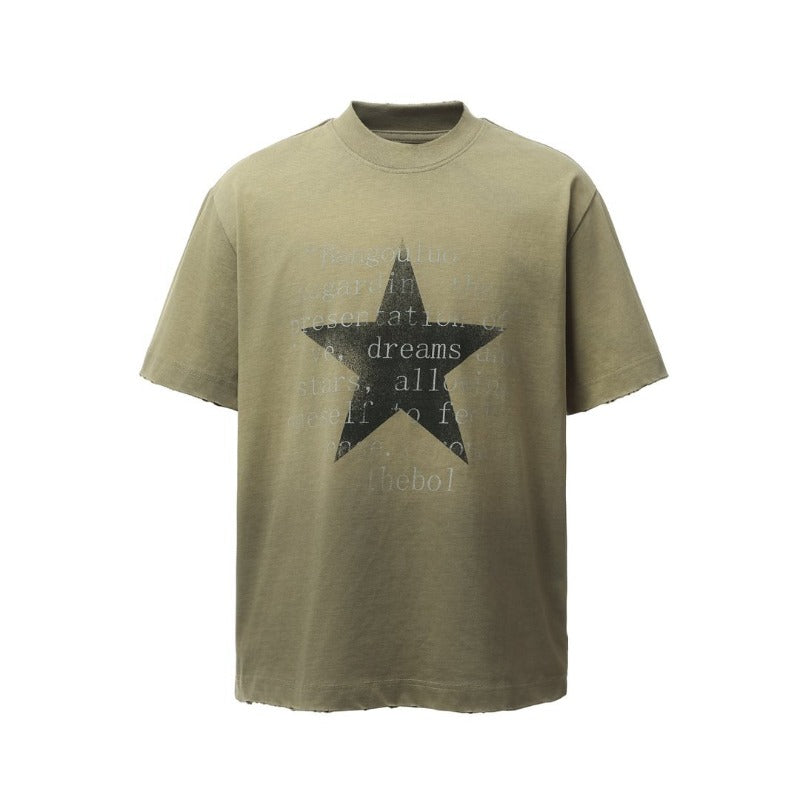 Men's t-shirt - american retro heavyweight double yarn distressed print design, men's high street oversized short sleeve tee
