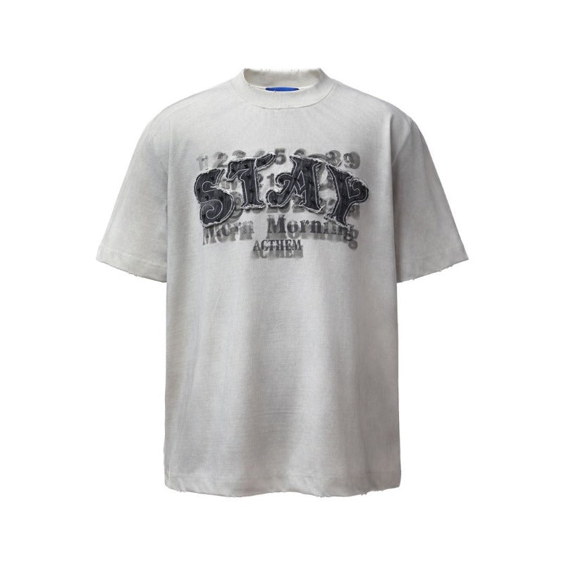 Men's t-shirt: american retro heavyweight double yarn high-quality spray-dyed appliqué embroidery design, men's loose-fit short-sleeve t-shirt