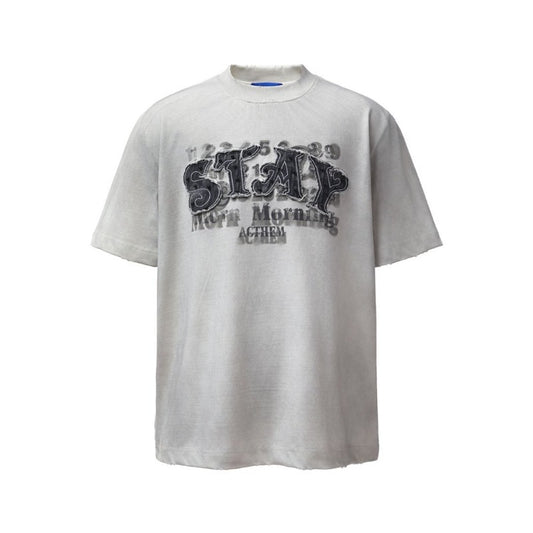 Men's t-shirt: american retro heavyweight double yarn high-quality spray-dyed appliqué embroidery design, men's loose-fit short-sleeve t-shirt