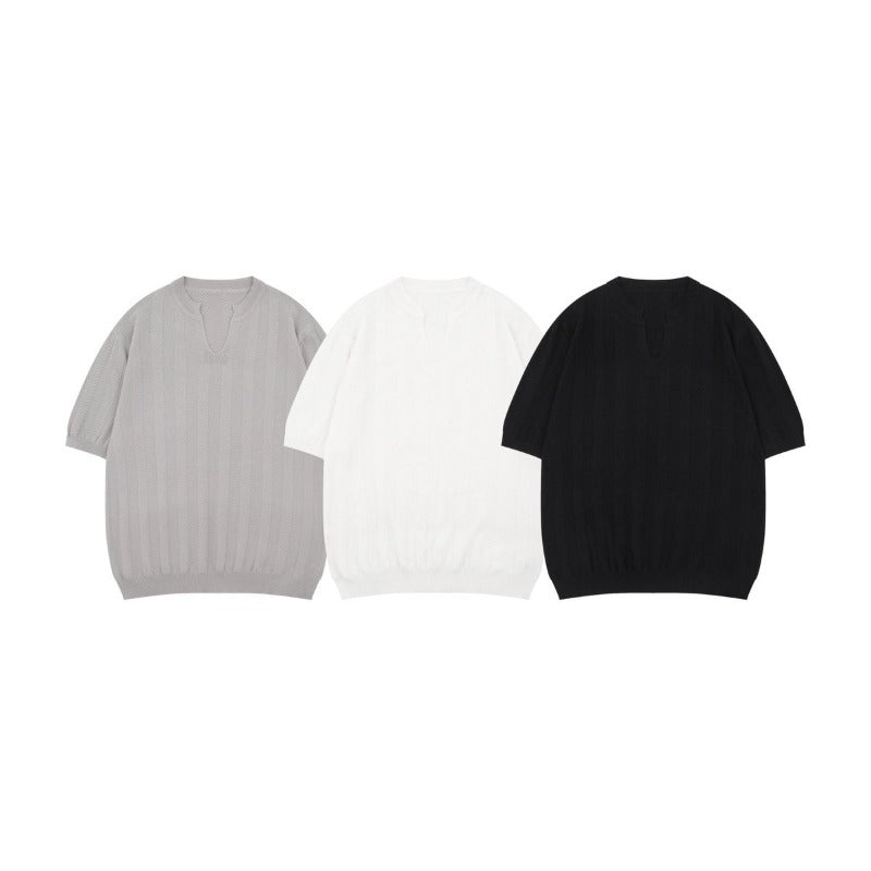 Men t shirt american summer street trendy old money style retropure color design loose men's v neck knitting shirt short sleeve t-shirt