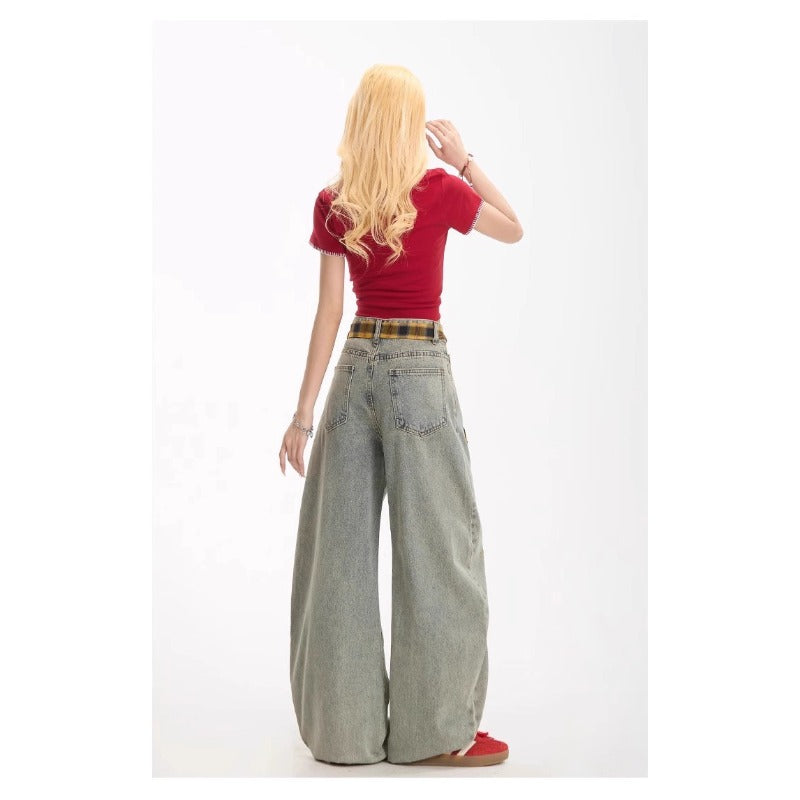 Women jeans grids pattern belt women loose