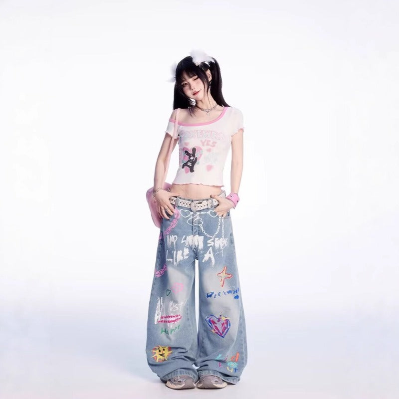 Women's jeans graffiti waist chain wide leg pants women