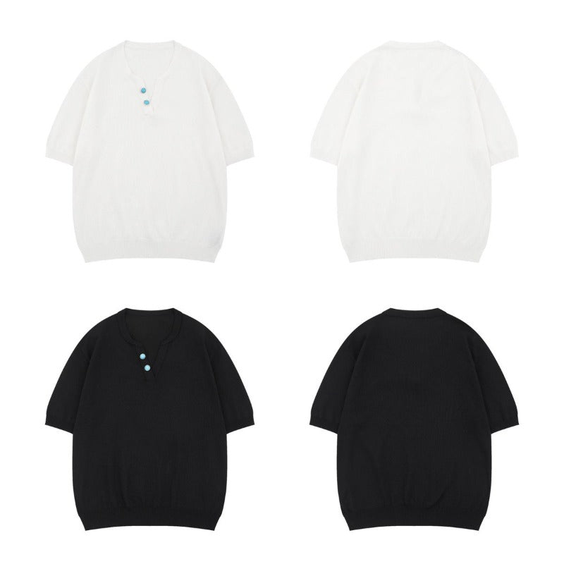 Men t shirt american summer street trendy old money style retropure color design loose men's v neck knitting shirt short sleeve t-shirt