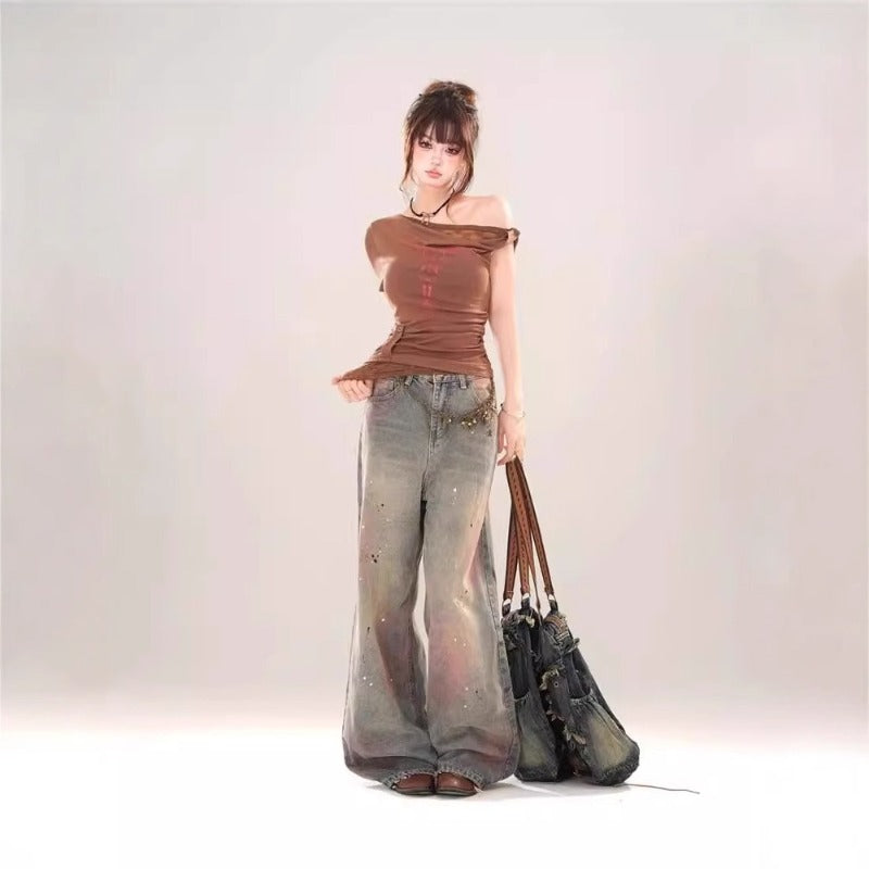 Women jeans gradual change tie-dye splash ink