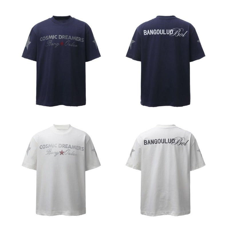 Men's t-shirt - american retro heavyweight double yarn printed hotfix design crew neck high street loose fit short sleeve tee