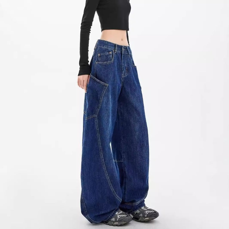 Women's jeans spring and autumn large pocket women's clothing retro floor-mopping wide-leg pants