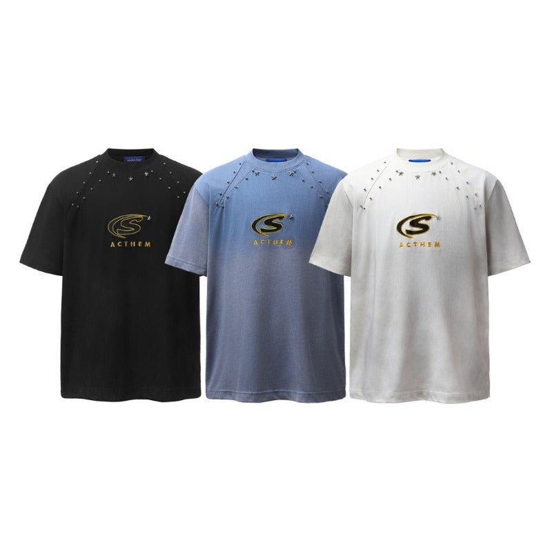 Men's t-shirt - american retro heavyweight double yarn high-quality metal rivet design crew neck loose fit short sleeve tee