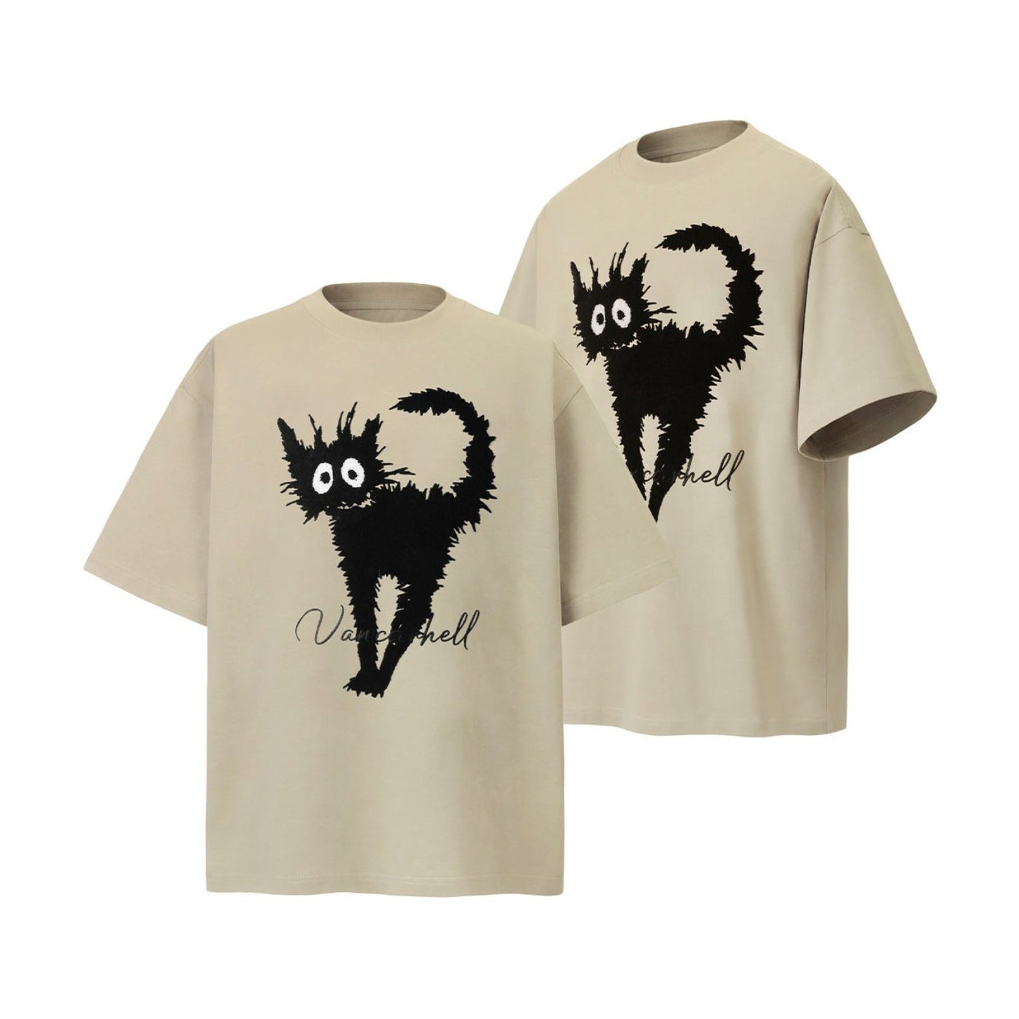 Unisex T-shirts Summer Towel Embroidered Cat Men's Loose Short Sleeve T-Shirt