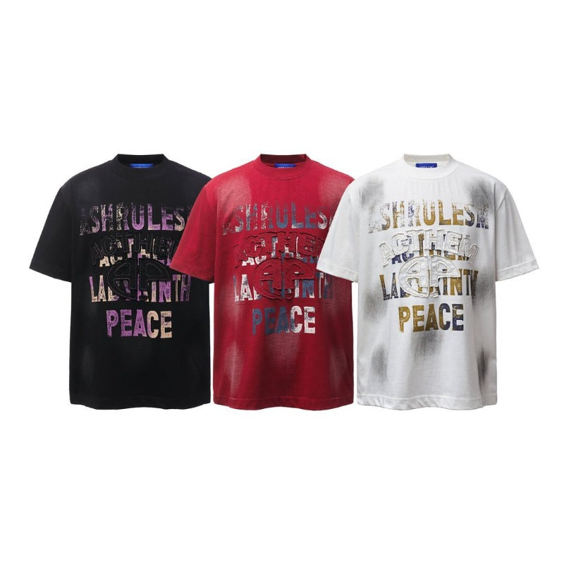 Men's t-shirt - american retro heavyweight double yarn patch letter print design - men's high street oversized short sleeve tee