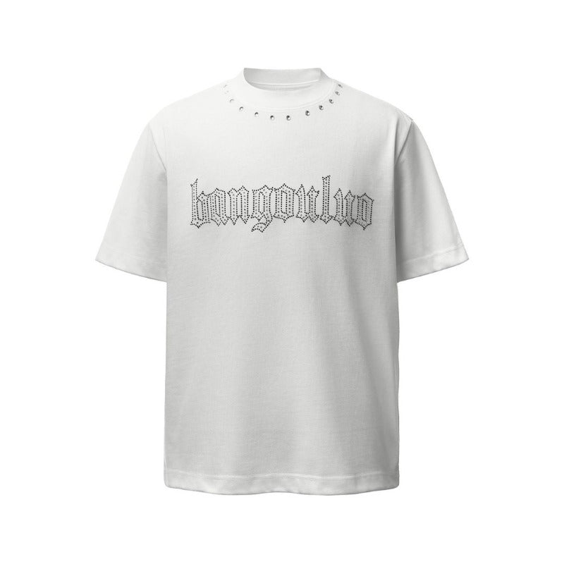 Men's t-shirt: american retro heavyweight double yarn letter hotfix round neck design, men's high street loose fit short sleeve tee