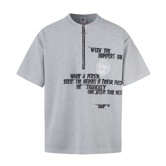 Men's t-shirt: american street style summer waffle knit premium letter print design, men's loose fit zip-up short sleeve tee