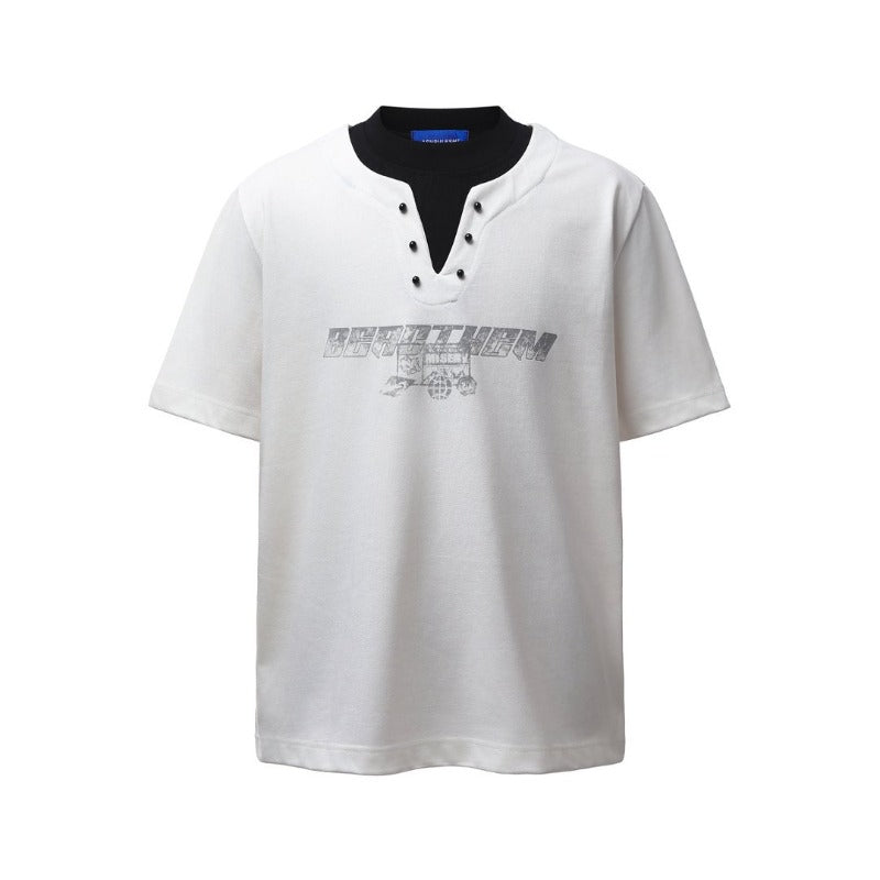 Men t shirt american retroheavy weightg double yarn high quality street trendy patchwork color matching high street men's loose short-sleeved t-shirt