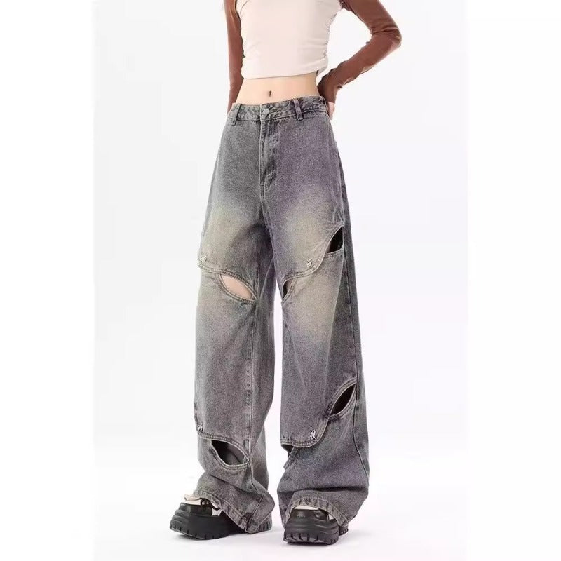 Women's Jeans Retro Ripped Wide Leg Pants Women