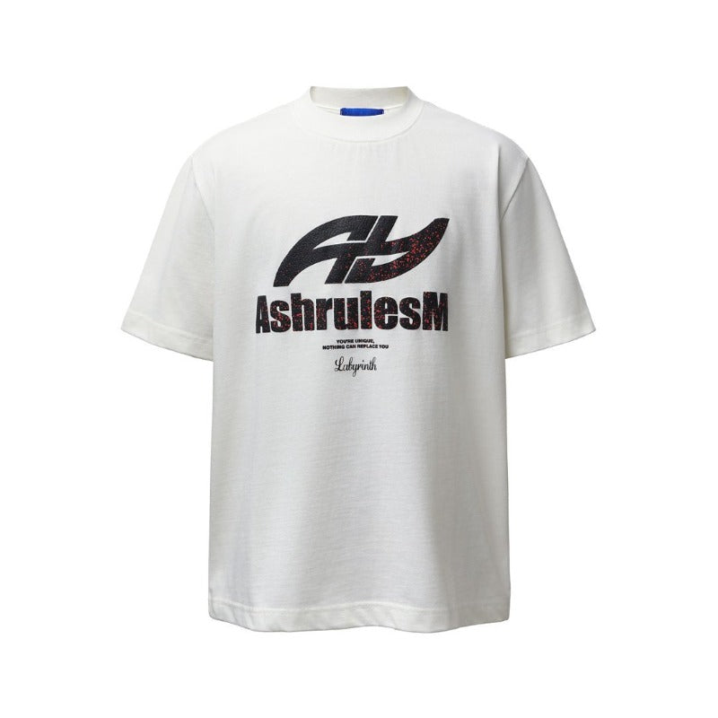 Men's t-shirt - american retro heavyweight double yarn distressed letter print design - men's high street oversized short sleeve tee