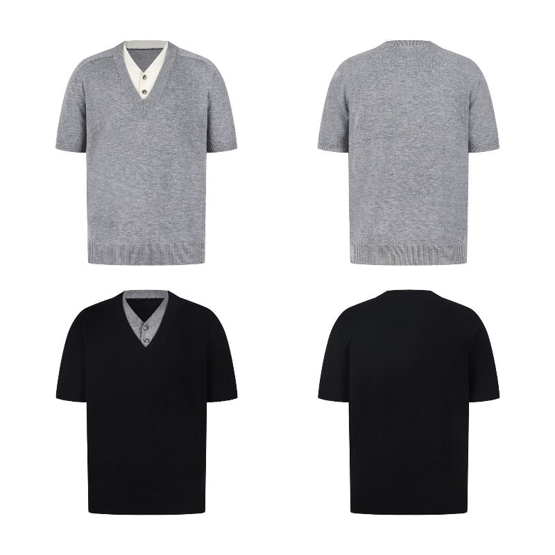 Men t shirt w american retroneutral style old money style knitting shirt fake two-piece design men's high street loose short-sleeved t-shirt