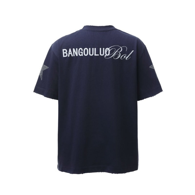 Men's t-shirt - american retro heavyweight double yarn printed hotfix design crew neck high street loose fit short sleeve tee