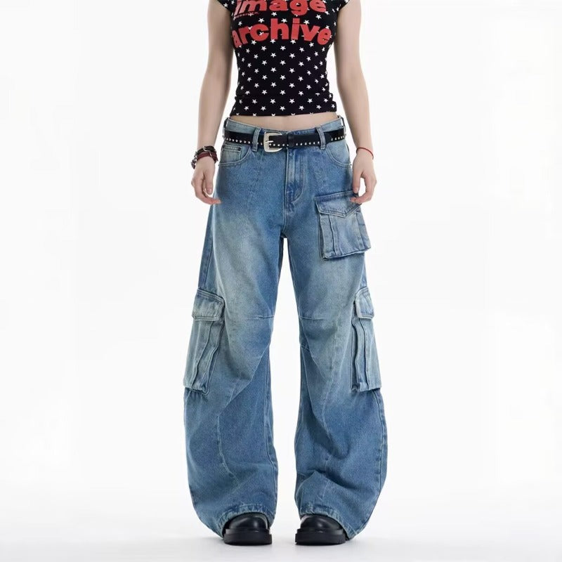 Women jeans retro multi flap pocket pantsloose