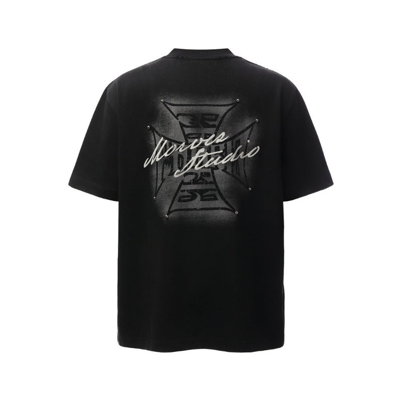 Men's t-shirt - american retro heavyweight double yarn high-quality high street washed distressed printed men's loose fit short sleeve t-shirt