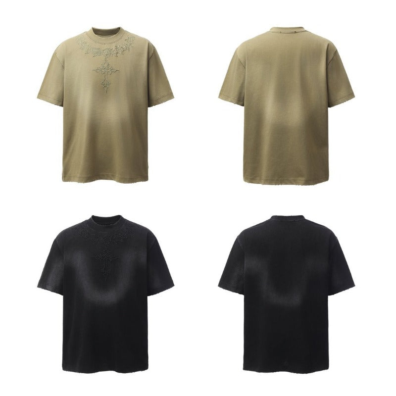 Men's t-shirt - american retro heavyweight double yarn distressed embroidered graphic design, men's high street oversized short sleeve tee