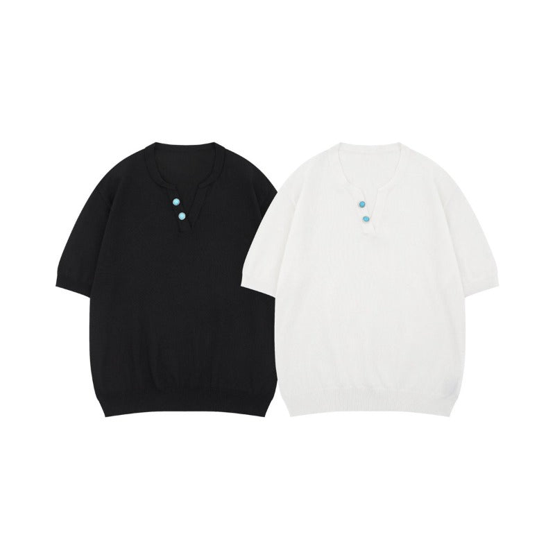 Men t shirt american summer street trendy old money style retropure color design loose men's v neck knitting shirt short sleeve t-shirt