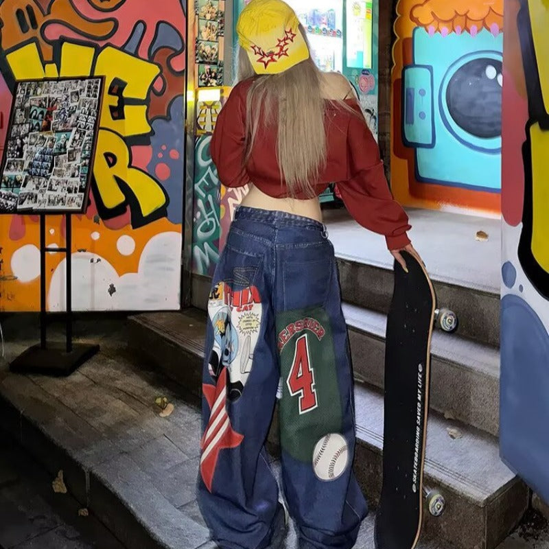 Women jeans Y2K retro contrasting color women loose