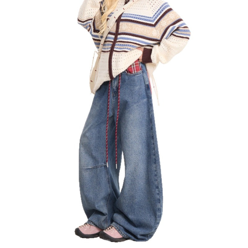 Women jeans [with waist cord] women's high waistretro