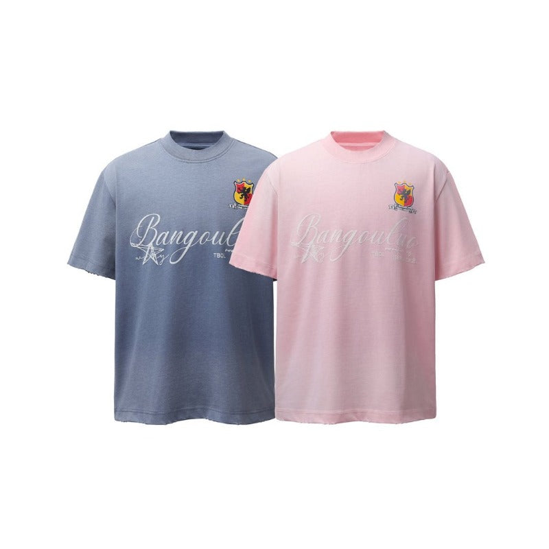 Men's american retro heavyweight double yarn washed printed design crew neck high street loose fit short sleeve t-shirt