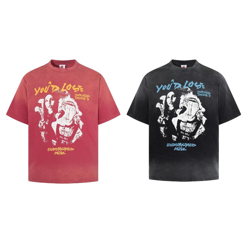 Men's t-shirt - american retro unisex style, washed and distressed print design, crew neck, men's high street slim fit short sleeve tee