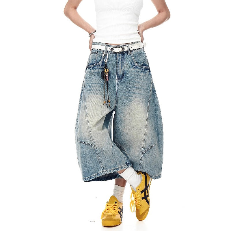 Women jeans retro washed scimitar jeans summer wide leg loose shorts