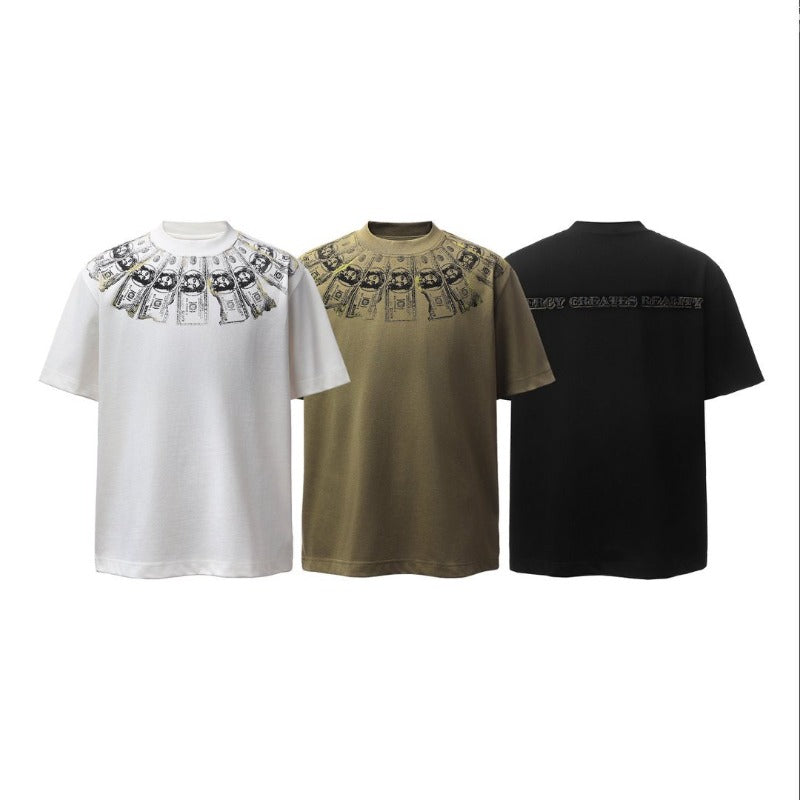 Men's t-shirt - american retro heavyweight double yarn creative banknote print design - men's high street loose fit short sleeve tee