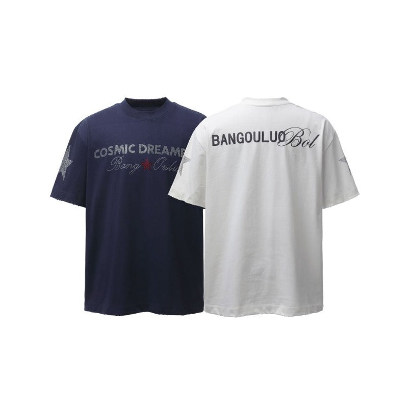 Men's t-shirt - american retro heavyweight double yarn printed hotfix design crew neck high street loose fit short sleeve tee