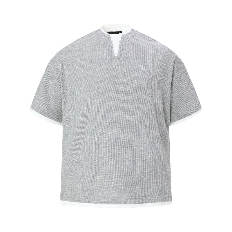 Men's t-shirt - american retro streetwear, unisex solid color waffle knit faux two-piece design, high street oversized short sleeve tee