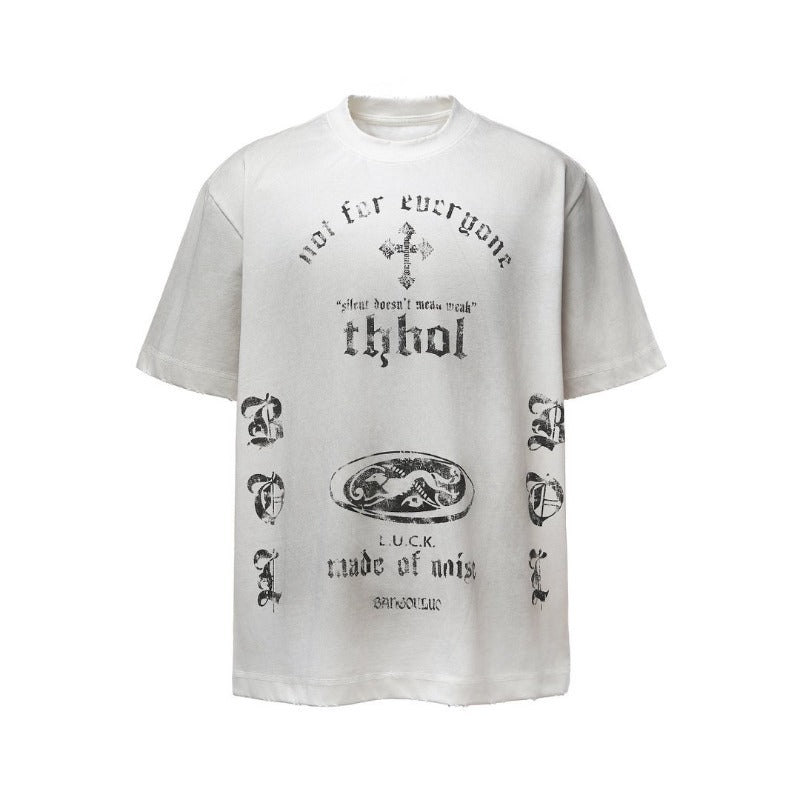 Men's t-shirt - american retro heavyweight double yarn washed & distressed print design - men's high street oversized short sleeve tee