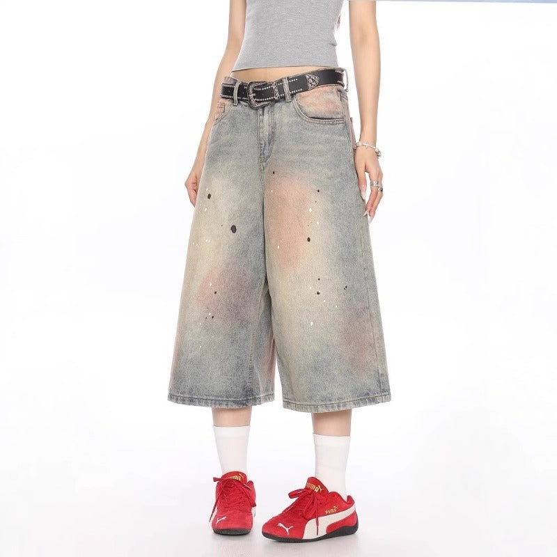 Women's jeans women's summer loose semi-elastic waist cropped shorts