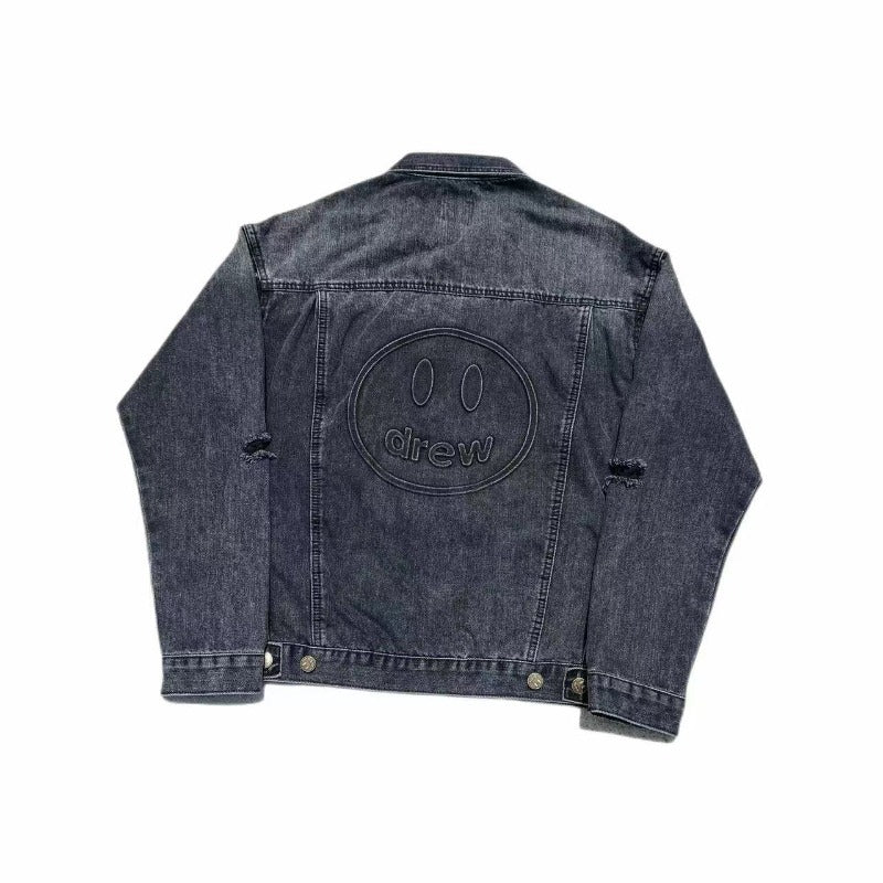 Drew house jacket early spring d@ew washed knife-cut damaged stamped smiley face denim outwear