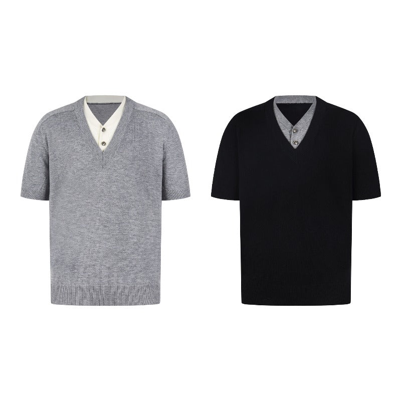 Men t shirt w american retroneutral style old money style knitting shirt fake two-piece design men's high street loose short-sleeved t-shirt
