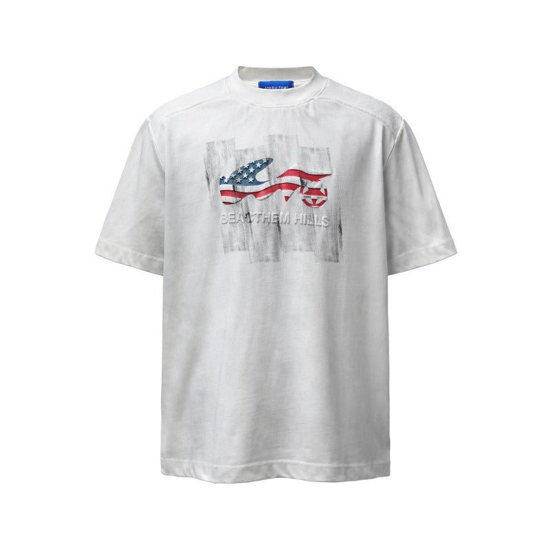 Men's t-shirt - american retro heavyweight double yarn high-quality high street distressed print graphic tee - relaxed fit short sleeve